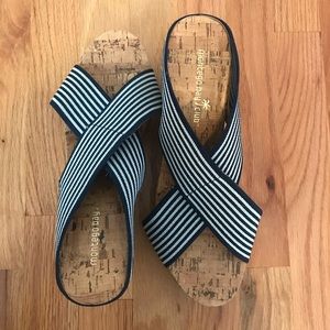 Blue and white stripe wedge heels